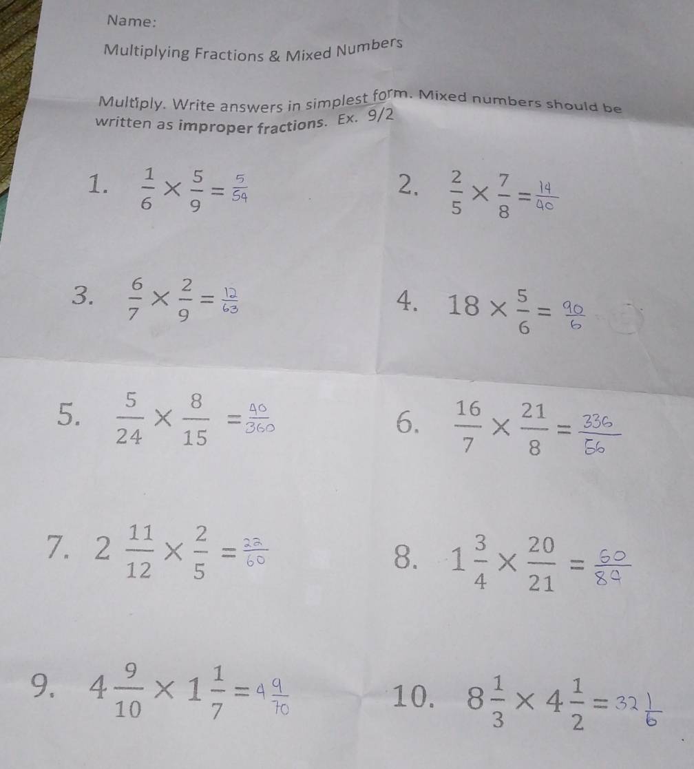 Solved: Multiplying Fractions &amp; Mixed Numbers Multiply. Write answers ...
