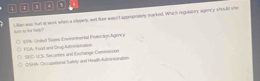 1 2 3 ^ s 6
Lillian was hurt at work when a slippery, wet floor wasn't appropriately marked. Which regulatory agency should she
turn to for help?
EPA- United States Environmental Protection Agency
FDA- Food and Drug Administration
SEC- U.S. Securities and Exchange Commission
OSHA- Occupational Safety and Health Administration