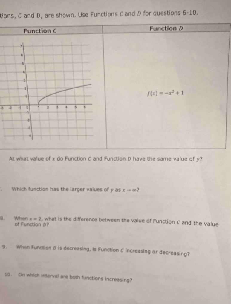 tions, C and D, are shown. Use Functions C and D for questions 6-10. 
Function C Function D
f(x)=-x^2+1
-3
At what value of x do Function C and Function D have the same value of y? 
Which function has the larger values of y as xto ∈fty
B. When x=2 , what is the difference between the value of Function C and the value 
of Function D? 
9. When Function D is decreasing, is Function C increasing or decreasing? 
10. On which interval are both functions increasing?