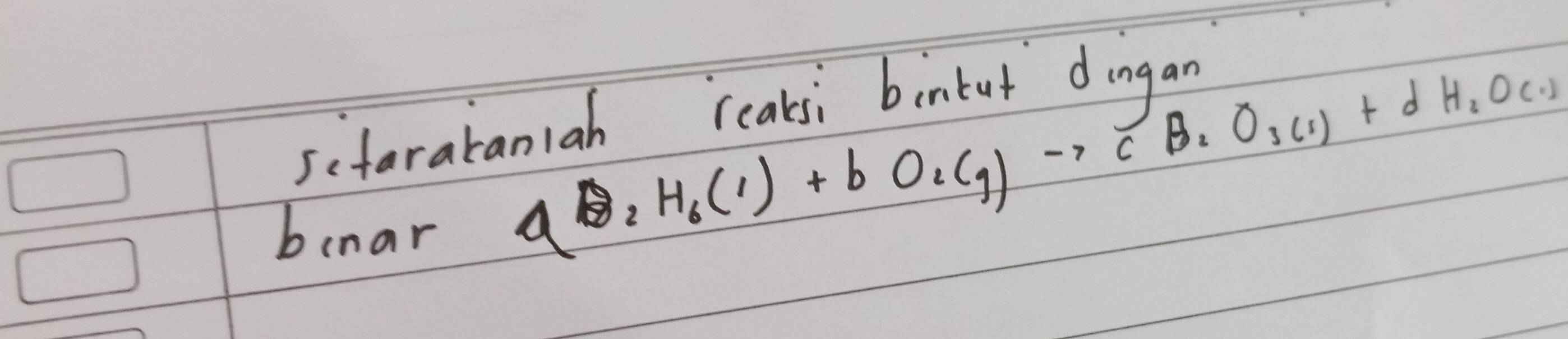 aD_2H_6(l)+bO_2(g)to cB_2O_3(l)+dH_2O(l)
sefarataniah reaksi bintut dingan 
bunar