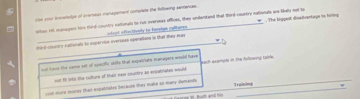 Use your knowledge of overseas management complete the following sentences.
When HR managers hire third-country nationals to run overseas offices, they understand that third-country nationals are likely not to
adapt effectively to foreign cultures . The biggest disadvantage to hiring
third-country nationals to supervise overseas operations is that they may
each example in the following table.
not have the same set of specific skills that expatriate managers would have
not fit into the culture of their new country as expatriates would
cost more money than expatriates because they make so many demands Training
_
W. Bush and his