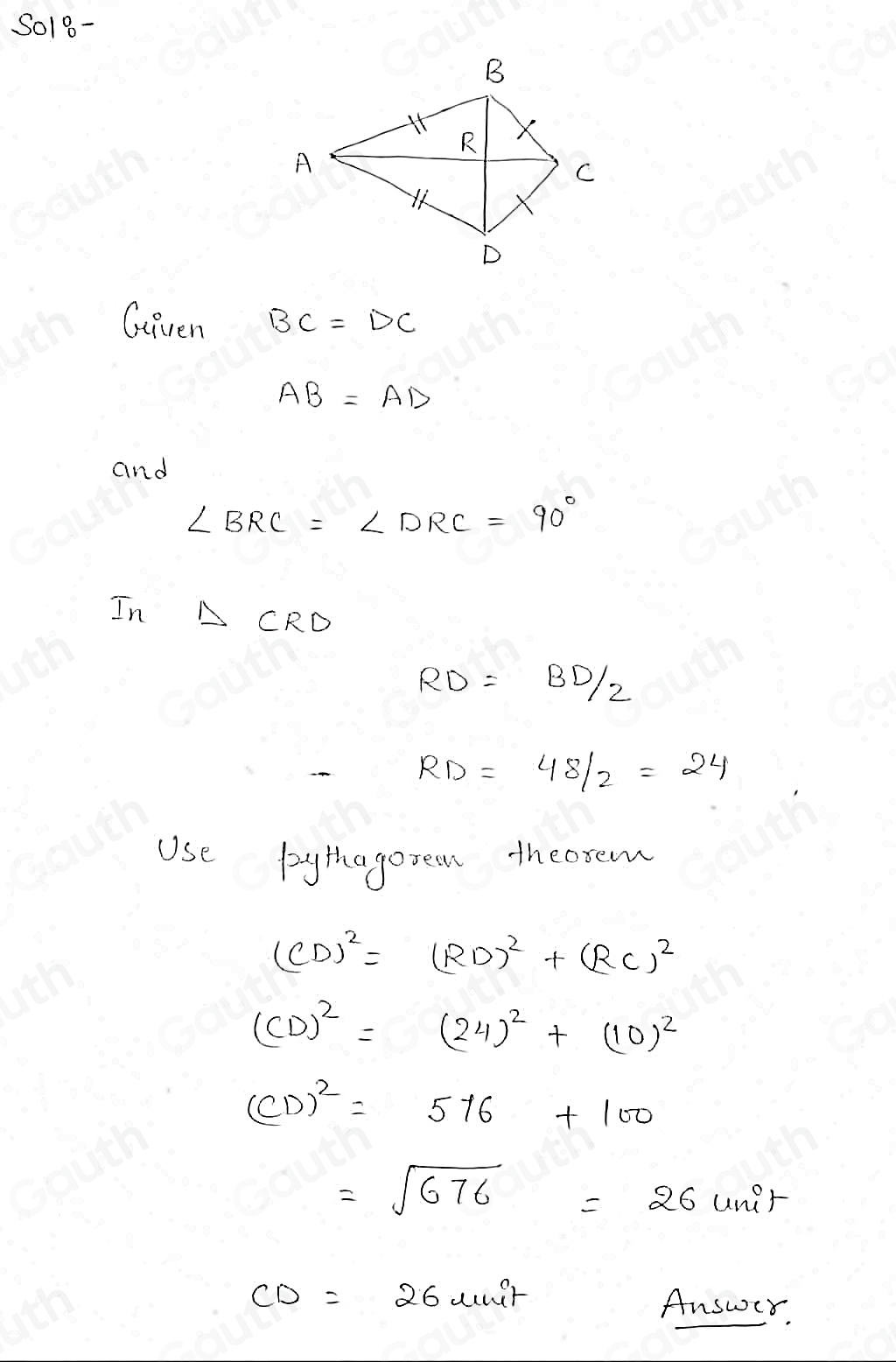 Solved: ABCD is a kite, If RC=10 , and BD=48. find CD. [Math]