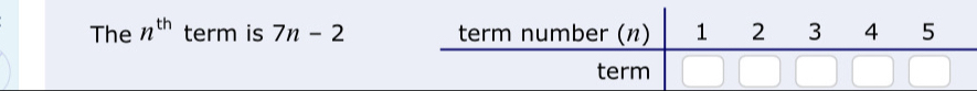 The n^(th) term is 7n-2