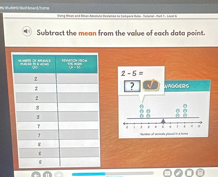 m/student/dashboard/home 
Using Mean and Mean Absolute Devlation to Compare Data - Tutorial - Part 1 - Level G 
Subtract the mean from the value of each data point.
2-5=
? VAGGERS 
。 1 2 3 4 5 6 7 8 q 10
Number of animals placed in a home