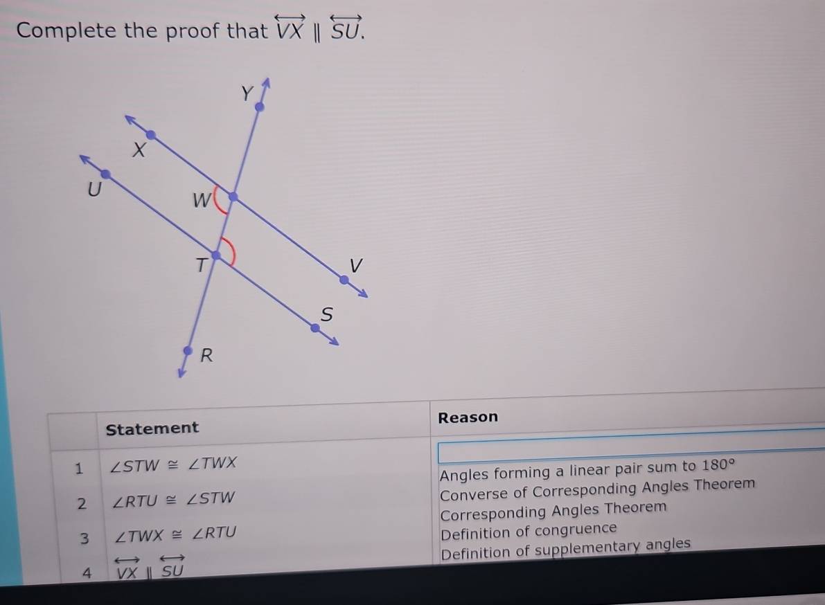 Complete the proof that overleftrightarrow VXparallel overleftrightarrow SU. 
Statement Reason
1 ∠ STW≌ ∠ TWX
Angles forming a linear pair sum to 180°
2 ∠ RTU≌ ∠ STW
Converse of Corresponding Angles Theorem
Corresponding Angles Theorem
3 ∠ TWX≌ ∠ RTU
Definition of congruence
4 overleftrightarrow VXparallel overleftrightarrow SU Definition of supplementary angles