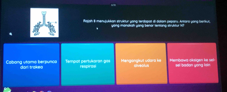 8/70
Rajah 8 menujukkan struktur yang terdapat di dalam peparu. Antara yang berikut,
yang manakah yang benar tentang struktur N?
Cabang utama berpunca Tempat pertukaran gas Mengangkut udara ke Membawa oksigen ke sel-
dari trakea respirasi alveolus sel badan yang lain