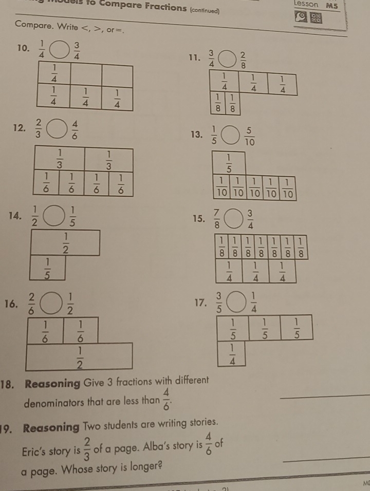 Lesson M5
1ueis to Compare Fractions (contínued) o
Compare. Write , or=.
10.  1/4   3/4  11.  3/4   2/8 
 1/4   1/4   1/4 
 1/8   1/8 
12.  2/3  ) 4/6  13.  1/5   5/10 
 1/5 
 1/10   1/10   1/10   1/10   1/10 
14.  1/2  ) 1/5  15.  7/8   3/4 
 1/2 
 1/5 
16.  2/6   1/2  17.  3/5   1/4 
 1/6   1/6 
 1/5   1/5   1/5 
 1/2 
 1/4 
18. Reasoning Give 3 fractions with different
denominators that are less than  4/6 .
_
9. Reasoning Two students are writing stories.
Eric's story is  2/3  of a page. Alba's story is  4/6  of_
a page. Whose story is longer?
M