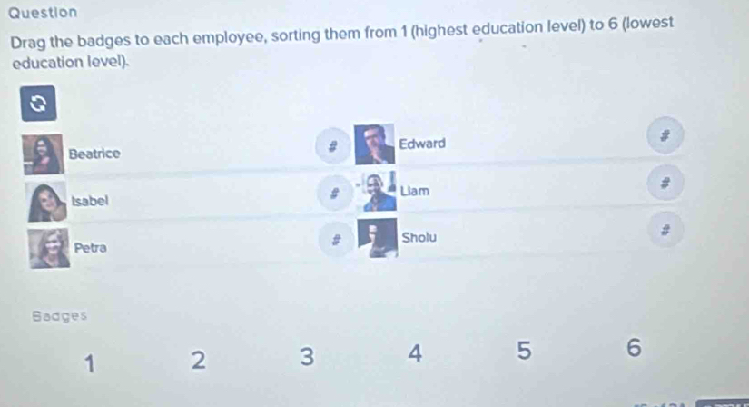 Question 
Drag the badges to each employee, sorting them from 1 (highest education level) to 6 (lowest 
education level). 
# 
Beatrice Edward # 
Isabel 
# Liam # 
Petra 
# : Sholu 
# 
Badges
1 2 3 4 5 6