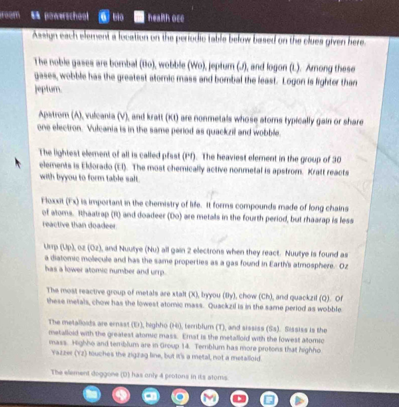 ream powerschool Biô health oce
Assign each element a location on the periodic table below based on the clues given here.
The noble gases are bombal (Bo), wobble (Wo), jeptum (J), and logon (L). Among these
gases, wobble has the greatest atomic mass and bombal the least. Logon is lighter than
jeptum.
Apstrom (A), vulcania (V), and kratt (Kt) are nonmetals whose atoms typically gain or share
one electron. Vulcania is in the same period as quackzil and wobble.
The lightest element of all is called pfsst (F· f). The heaviest element in the group of 30
elements is Eldorado (El). The most chemically active nonmetal is apstrom. Kratt reacts
with byyou to form table salt.
Floxxit (Fx) is important in the chemistry of life. It forms compounds made of long chains
of atoms. Rhaatrap (R) and doadeer (Do) are metals in the fourth period, but rhaarap is less
reactive than doadeer.
Urrp (Up), oz (Oz), and Nuutye (Nu) all gain 2 electrons when they react. Nuutye is found as
a diatomic molecule and has the same properties as a gas found in Earth's atmosphere. Oz
has a lower atomic number and urrp.
The most reactive group of metals are xtalt (X), byyou (By), chow (Ch), and quackzil (Q). Of
these metals, chow has the lowest atomic mass. Quackzil is in the same period as wobble
The metalloids are ernsst (Er), highho (Hi), terriblum (T), and sississ (Ss). Sississ is the
metalloid with the greatest atomic mass. Emst is the metalloid with the lowest atomic
mass. Highho and terriblum are in Group 14. Terriblum has more protons that highho
Yazzer (Yz) touches the zigzag line, but it's a metal, not a metalloid.
The element doggone (D) has only 4 protons in its atoms.