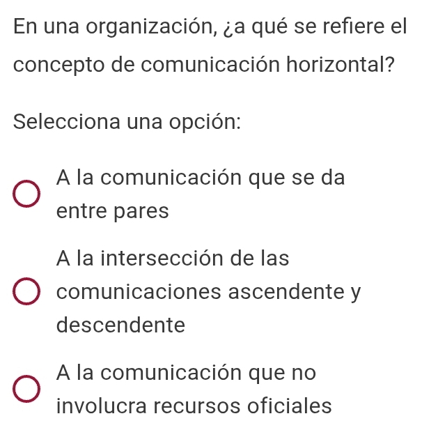 En una organización, ¿a qué se refiere el
concepto de comunicación horizontal?
Selecciona una opción:
A la comunicación que se da
entre pares
A la intersección de las
comunicaciones ascendente y
descendente
A la comunicación que no
involucra recursos oficiales