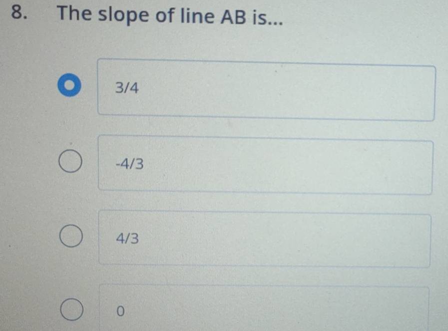 The slope of line AB is...
3/4
-4/3
4/3
0