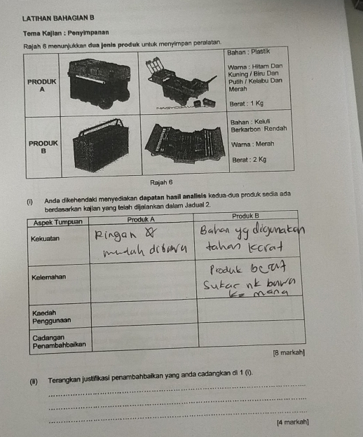 LATIHAN BAHAGIAN B 
Tema Kajian : Penyimpanan 
ta 
(i) Anda dikehendaki menyediakan dapatan hasil analisis kedua-dua produk sedia ada 
_ 
(ii) Terangkan justifikasi penambahbaikan yang anda cadangkan di 1 (i). 
_ 
_ 
[4 markah]