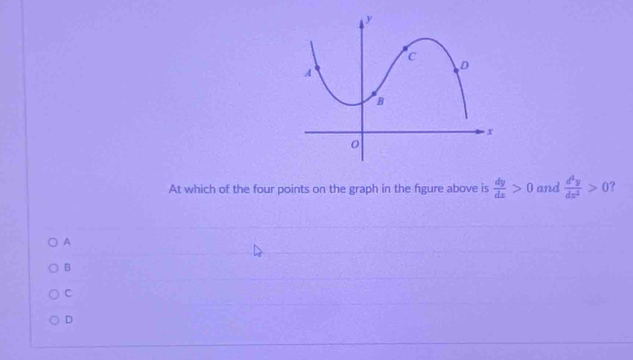 At which of the four points on the graph in the figure above is  dy/dx >0 and  d^3y/dx^2 >0
A
B
C
D