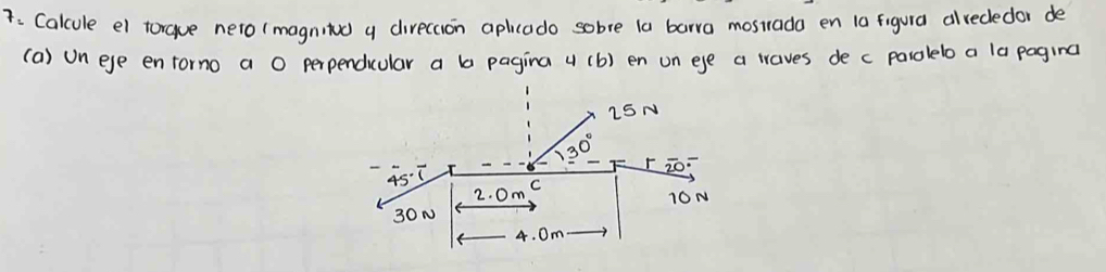 7: Calcule el torgue nero(magnitd a direcuon aplicado sobre la barra mostrada en 1a figura alrededor de
(a) on ege enforno a O perpendicular a b pagina 4 (b) en on eye a traves de c parolelo a la paging