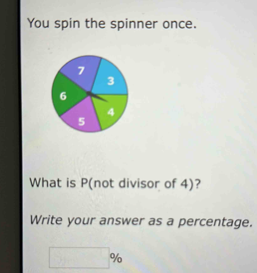 You spin the spinner once. 
What is P (not divisor of 4)? 
Write your answer as a percentage.
□ %