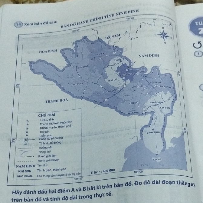 TU
7
1
Hãy đánh dấu hai điểm A B
trên bản đồ và tính độ dài trong thực tế.