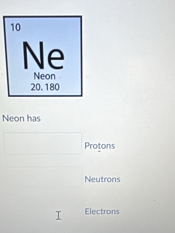 Neon has
□ Protons
Neutrons
Electrons