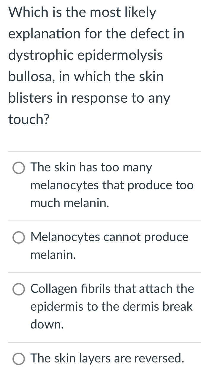 Which is the most likely
explanation for the defect in
dystrophic epidermolysis
bullosa, in which the skin
blisters in response to any
touch?
The skin has too many
melanocytes that produce too
much melanin.
Melanocytes cannot produce
melanin.
Collagen fıbrils that attach the
epidermis to the dermis break
down.
The skin layers are reversed.