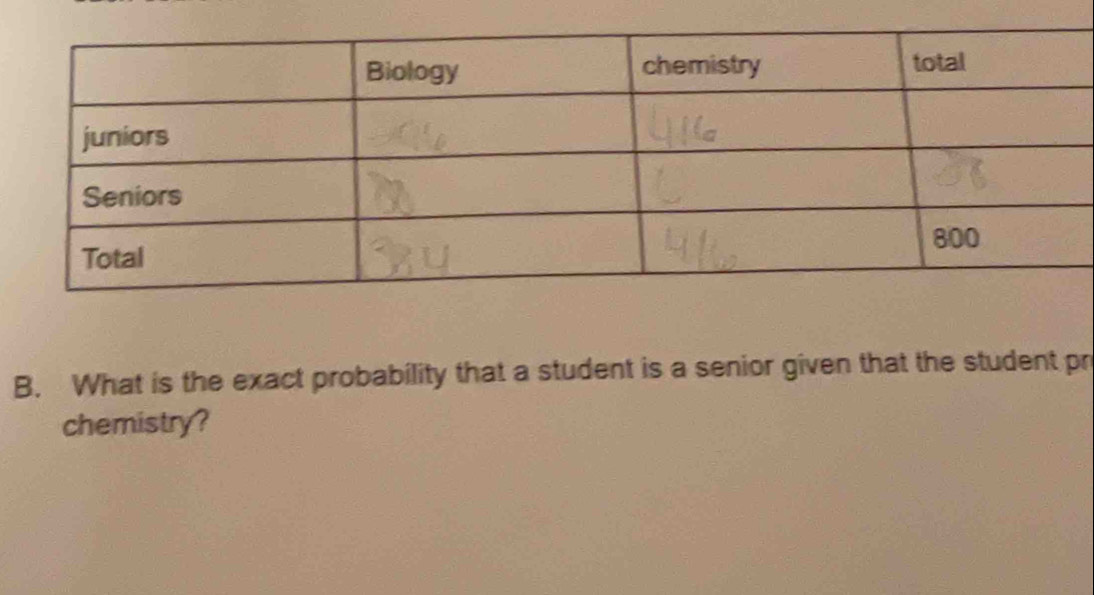 What is the exact probability that a student is a senior given that the student pr 
chemistry?