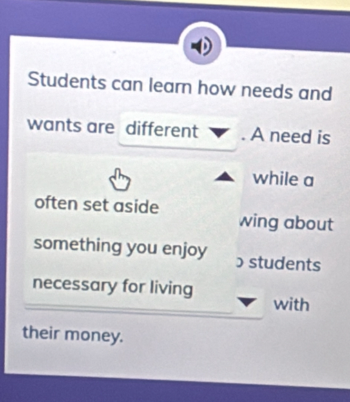 Students can learn how needs and 
wants are different . A need is 
while a 
often set aside 
wing about 
something you enjoy ɔstudents 
necessary for living 
with 
their money.