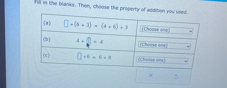 Fill in the blanks. Then, choose the property of addition yo
/
×