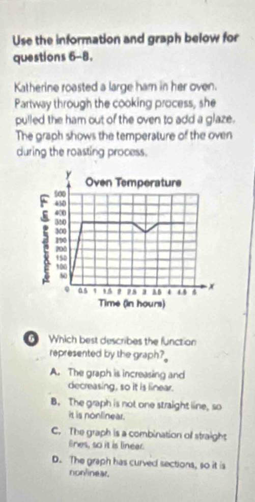 Use the information and graph below for
questions 6-8.
Katherine roasted a large ham in her oven.
Partway through the cooking process, she
pulled the ham out of the oven to add a glaze.
The graph shows the temperature of the oven
during the roasting process.
y Oven Temperature
100
450
2 40
520
300
190
800
150
100
s0
0 as 1 9.5 9 p 8 a A B 4 4.5 4 x
Time (in hours)
Which best describes the function
represented by the graph?
A. The graph is increasing and
decreasing, so it is linear.
B. The graph is not one straight line, so
it is nonlinear.
C. The graph is a combination of straight
Bnes, so it is lineer.
D. The graph has curved sections, so it is
non near.