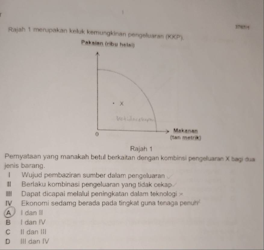 3787|t
Rajah 1 merupakan keluk kemungkinan pengeluaran (KKP).
Pakaian (ribu helai)
×
0
Makanan
(tan metrik)
Rajah 1
Pernyataan yang manakah betul berkaitan dengan kombinsi pengeluaran X bagi dua
jenis barang.
I Wujud pembaziran sumber dalam pengeluaran
I Berlaku kombinasi pengeluaran yang tidak cekap
III Dapat dicapai melalui peningkatan dalam teknologi
IV Ekonomi sedamg berada pada tingkat guna tenaga penun
A I dan II
B l dan IV
C Il dan III
D I dan IV