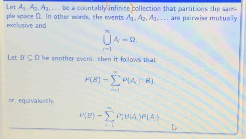 Let A_1, A_2, A_3,... be a countably infinite collection that partitions the sam- 
ple space Ω. In other words, the events A_1, A_2, A_3 , . . . are pairwise mutually 
exclusive and
∪ _(i=1)^(∈fty)A_i=Omega. 
Let B⊂eq Omega be another event. then it follows that
P(B)=sumlimits _(i=1)^(∈fty)P(A_i∩ B). 
or, equivalently,
P(B)=sumlimits _(i=1)^(∈fty)P(B|A_i)P(A_i).