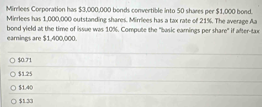 Mirrlees Corporation has $3,000,000 bonds convertible into 50 shares per $1,000 bond.
Mirrlees has 1,000,000 outstanding shares. Mirrlees has a tax rate of 21%. The average Aa
bond yield at the time of issue was 10%. Compute the "basic earnings per share" if after-tax
earnings are $1,400,000.
$0.71
$1.25
$1.40
$1.33