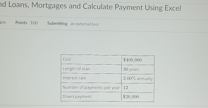 nd Loans, Mortgages and Calculate Payment Using Excel 
pm Points 100 Submitting an external tool