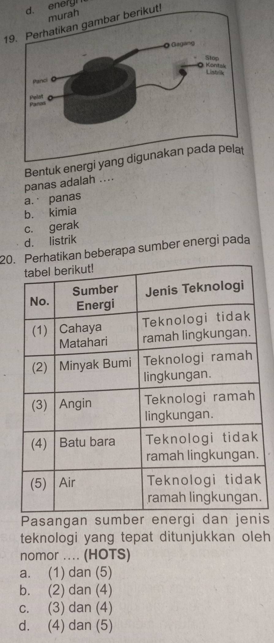 energ! 
19. Perhatikan gambar berikut!
Bentuk energi yang digunakan pada pelat
panas adalah ....
a. panas
b. kimia
c. gerak
d. listrik
20hatikan beberapa sumber energi pada
.
Pasangan sumber energi dan jenis
teknologi yang tepat ditunjukkan oleh 
nomor .... (HOTS)
a. (1) dan (5)
b. (2) dan (4)
c. (3) dan (4)
d. (4) dan (5)