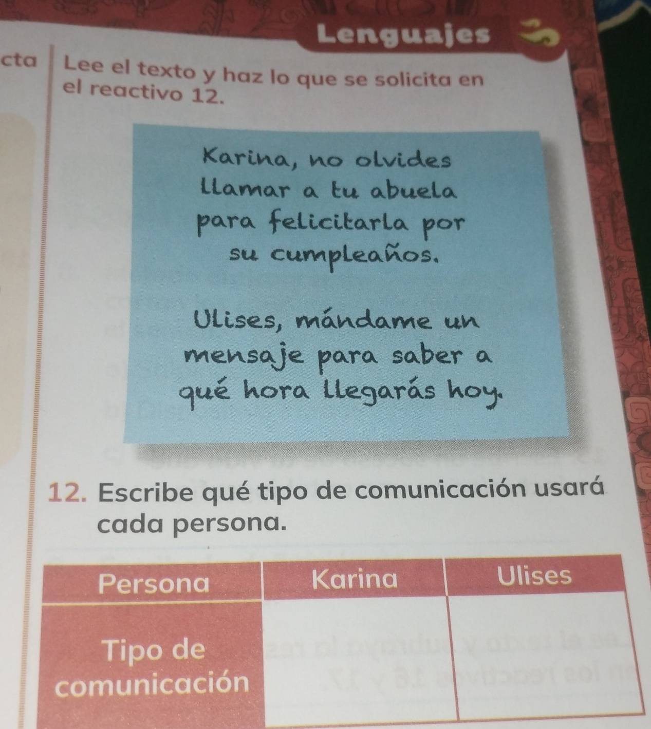 Lenguajes 
cta Lee el texto y haz lo que se solicita en 
el reactivo 12. 
12. Escribe qué tipo de comunicación usará 
cada persona.