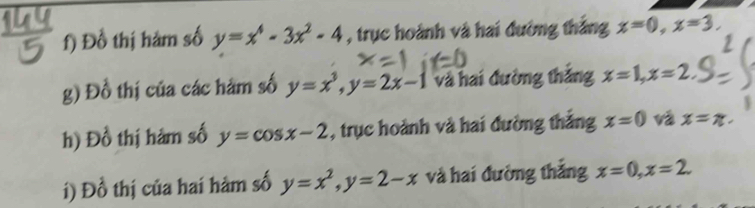 Đồ thị hàm số y=x^4-3x^2-4 , trục hoành và hai đường thắng x=0, x=3. 
g) Đồ thị của các hàm số y=x^3, y=2x-1 và hai đường thắng x=1, x=2. 
h) Đồ thị hàm số y=cos x-2 , trục hoành và hai đường thắng x=0 và x=π. 
i) Đồ thị của hai hàm số y=x^2, y=2-x và hai đường thắng x=0, x=2