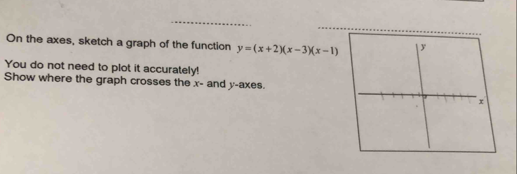 On the axes, sketch a graph of the function y=(x+2)(x-3)(x-1)
You do not need to plot it accurately! 
Show where the graph crosses the x - and y -axes.