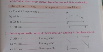 Let's choose the correct answer from the box and fill in the blanks.
straight line point line segment curved line
a) The dot P represents a_
P^*
b) AB is a _B
A
c) XY is a_
x Y
d) PQ is a_ P Q
2. Let's say and write ' vertical', 'horizontal', or 'slanting' in the blank spaces.
a) AB is a_ line segment. 
b) AC is a_ line segment.
c) BC is a_ line segment.