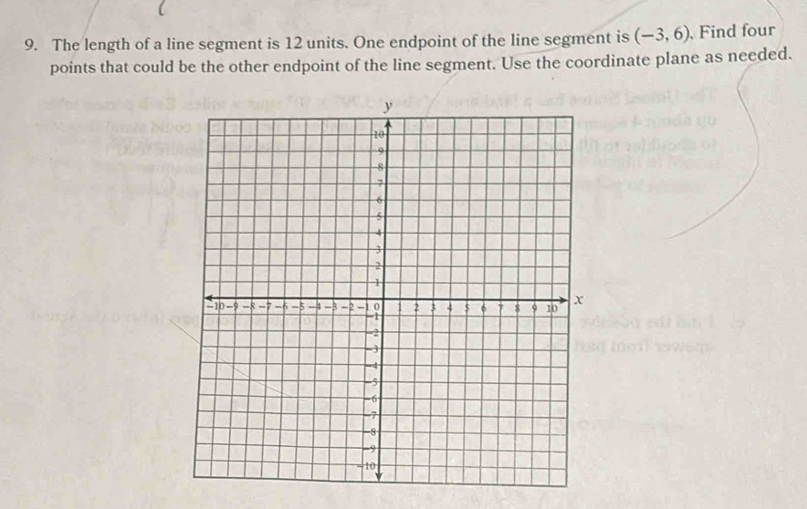 The length of a line segment is 12 units. One endpoint of the line segment is (-3,6) , Find four 
points that could be the other endpoint of the line segment. Use the coordinate plane as needed.