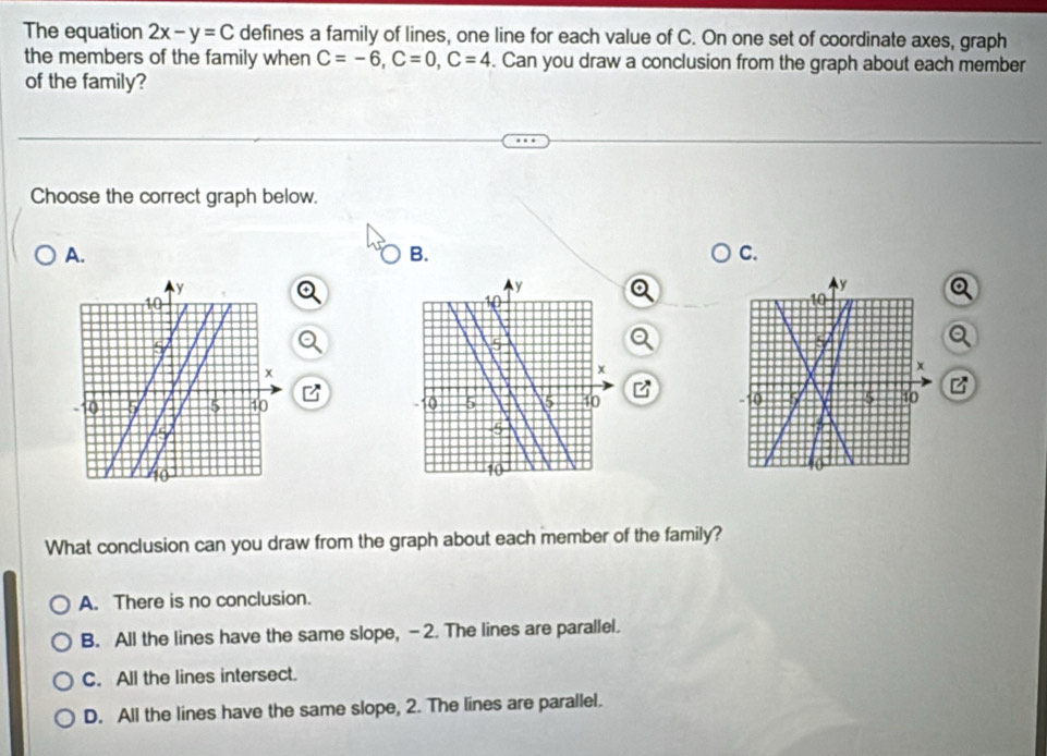 The equation 2x-y=C defines a family of lines, one line for each value of C. On one set of coordinate axes, graph
the members of the family when C=-6, C=0, C=4. Can you draw a conclusion from the graph about each member
of the family?
Choose the correct graph below.
A.
B.
C.
a
4 B
B
What conclusion can you draw from the graph about each member of the family?
A. There is no conclusion.
B. All the lines have the same slope, - 2. The lines are parallel.
C. All the lines intersect.
D. All the lines have the same slope, 2. The lines are parallel.