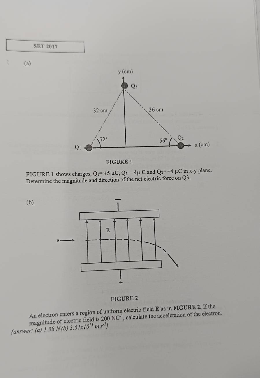 SET 2017
1 (a)
FIGURE 1
FIGURE 1 shows charges, Q_1=+5 mu C,Q_2=-4mu C and Q_3=+4 μC in x-y plane.
Determine the magnitude and direction of the net electric force on Q3.
(b)
FIGURE 2
An electron enters a region of uniform electric field E as in FIGURE 2. If the
magnitude of electric field is 200NC^(-1) , calculate the acceleration of the electron.
answer: (a) 1.38N(b)3.51x10^(13)ms^(-2)