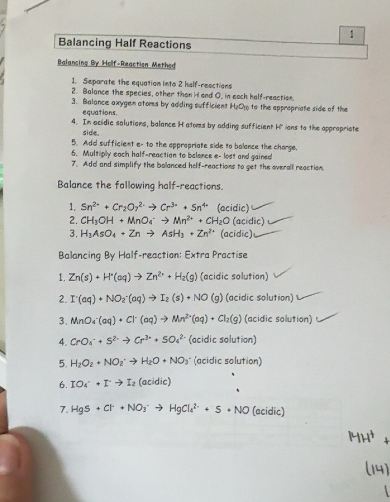 Solved: Balancing Half Reactions Balancing By Half-Reaction Method 1 ...