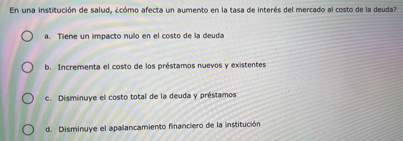 En una institución de salud, ¿cómo afecta un aumento en la tasa de interés del mercado al costo de la deuda?
a. Tiene un impacto nulo en el costo de la deuda
b. Incrementa el costo de los préstamos nuevos y existentes
c. Disminuye el costo total de la deuda y préstamos
d. Disminuye el apalancamiento financiero de la institución