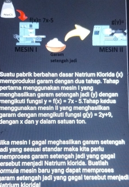 Suatu pabrik berbahan dasar Natrium Klorida (x)
memproduksi garam dengan dua tahap. Tahap
pertama menggunakan mesin I yang
menghasilkan garam setengah jadi (y) dengan
mengikuti fungsi y=f(x)=7x-5.Tahap kedua
menggunakan mesin II yang menghasilkan
garam dengan mengikuti fungsi g(y)=2y+9,
dengan x dan y dalam satuan ton.
Jika mesin I gagal meghasilkan garam setengah
adi yang sesuai standar maka kita perlu
memproses garam setengah jadi yang gagal
ersebut menjadi Natrium klorida. Buatlah
formula mesin baru yang dapat memproses
jaram setengah jadi yang gagal tersebut menjadi
Natrium klorida!