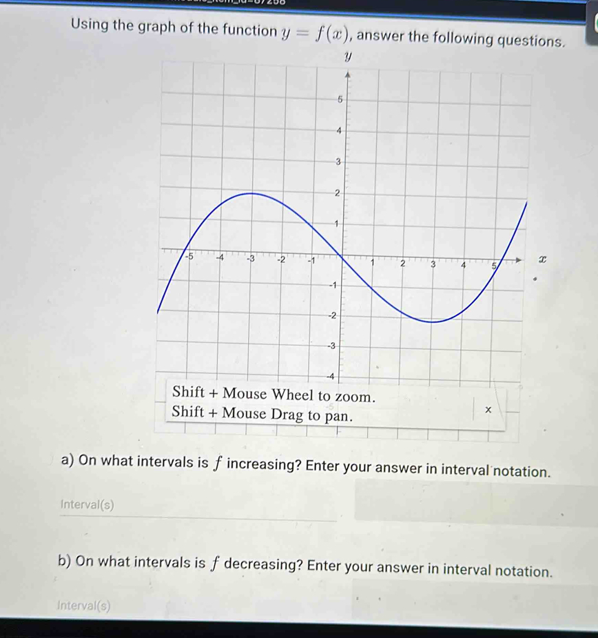 Using the graph of the function y=f(x) , anss. 
a) On what intervals is fincreasing? Enter your answer in interval notation. 
Interval(s) 
b) On what intervals is f decreasing? Enter your answer in interval notation. 
Interval(s)