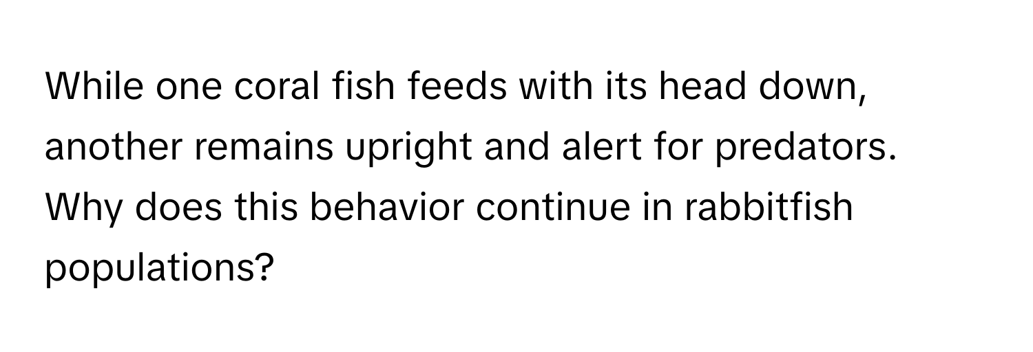 While one coral fish feeds with its head down, another remains upright and alert for predators. Why does this behavior continue in rabbitfish populations?