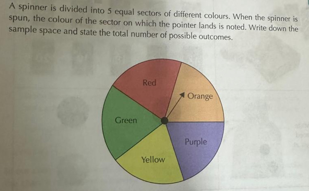 A spinner is divided into 5 equal sectors of different colours. When the spinner is 
spun, the colour of the sector on which the pointer lands is noted. Write down the 
sample space and state the total number of possible outcomes.