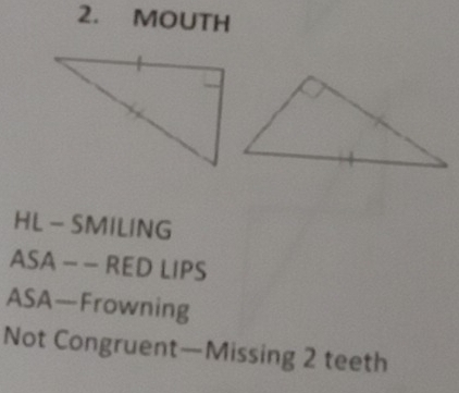 MOUTH 
HL - SMILING 
ASA— — RED LIPS 
ASA—Frowning 
Not Congruent—Missing 2 teeth