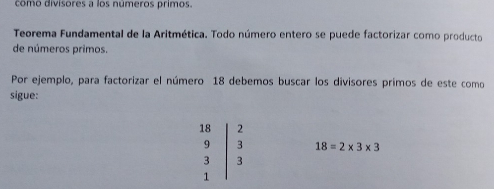 como divisores a los números primos. 
Teorema Fundamental de la Aritmética. Todo número entero se puede factorizar como producto 
de números primos. 
Por ejemplo, para factorizar el número 18 debemos buscar los divisores primos de este como 
sigue:
beginarrayr 18 9 3 1|3 endarray
18=2* 3* 3