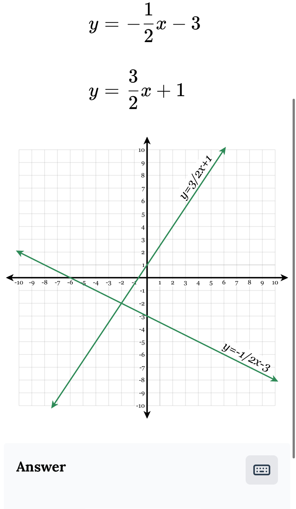 y=- 1/2 x-3
y= 3/2 x+1
-
Answer
. .