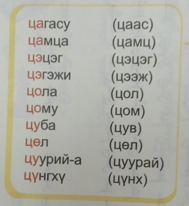 цaracy (цaac) 
цамца (цамц) 
цэцэг (цэцэг) 
цэгэжи (433) 
цола (цол) 
LOmy (цOM)
4y6a (4yB) 
цθл (цθл) 
цуурий-a (цyypай) 
цγhгxγ (цγнx)