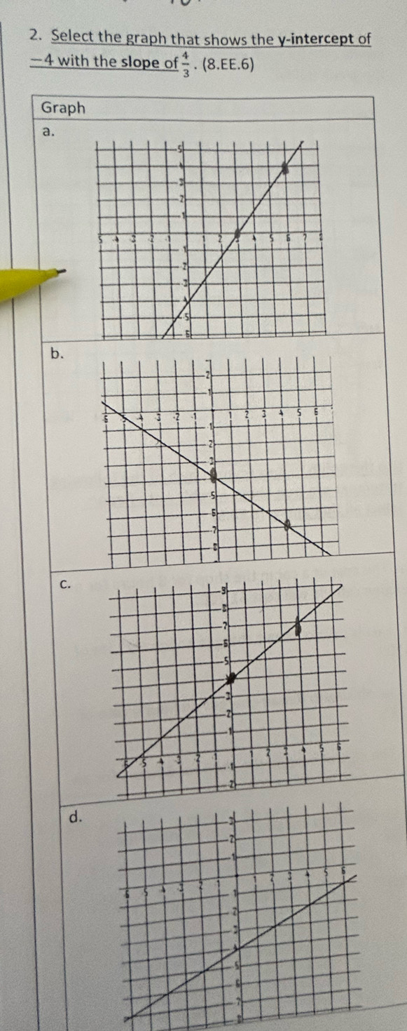 Select the graph that shows the y-intercept of
—4 with the slope of  4/3 · (8.EE.6
Graph 
a. 
b. 
C. 
d.