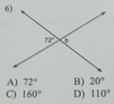 A) 72° B) 20°
C) 160° D) 110°